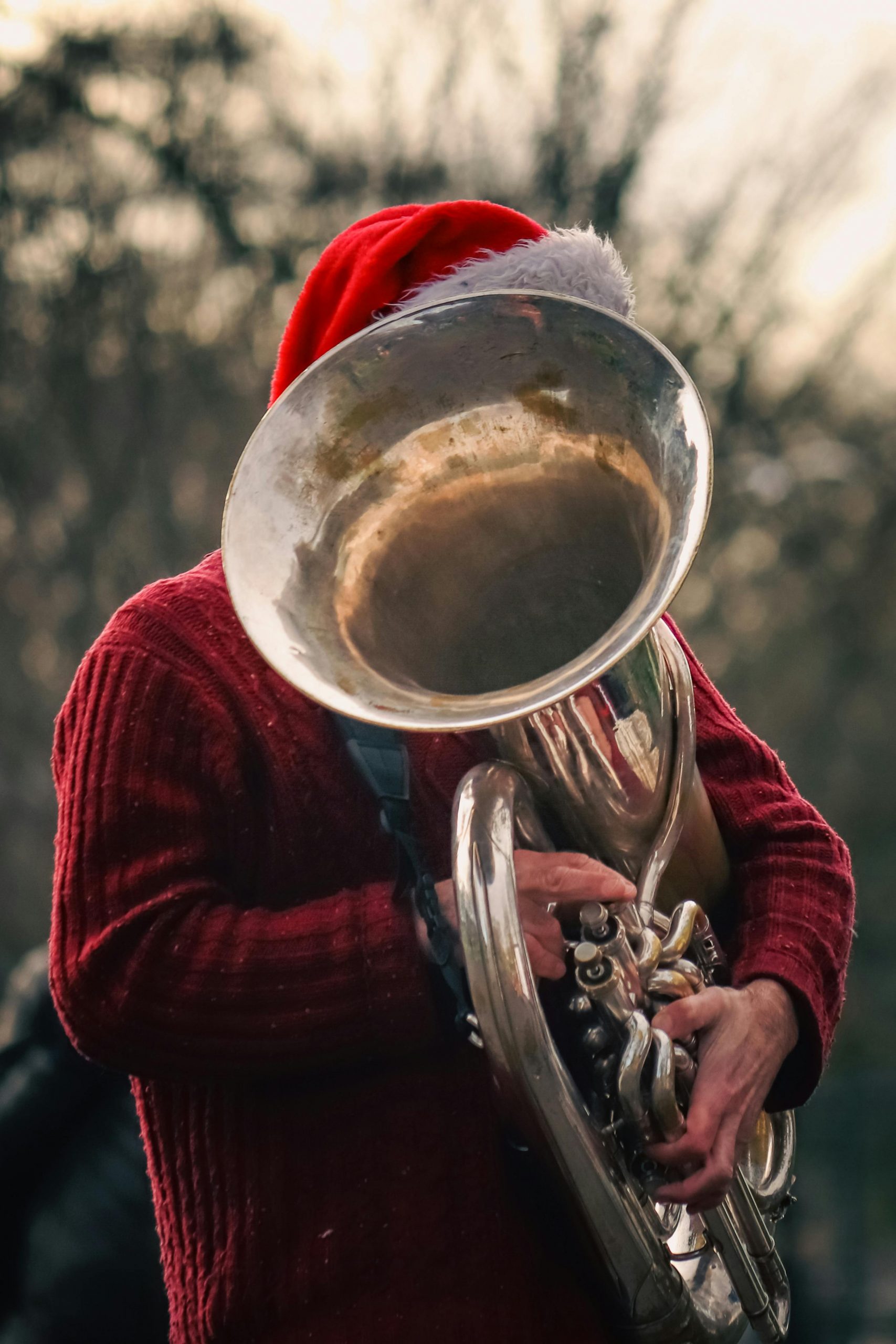 A musician wearing a Santa hat plays a brass tuba outdoors during a festive event.